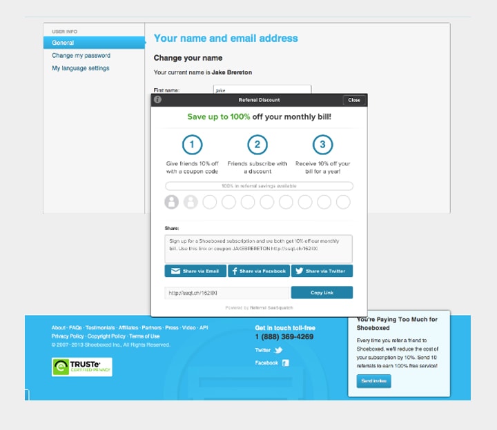 Shoeboxed uses user account to promote referrals